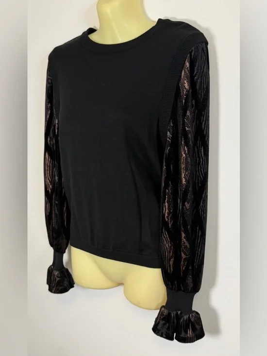 Current Air Black Long-Sleeve Top with Sheer Patterned Sleeves - Picture 4 of 8